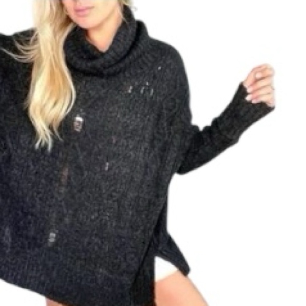 Free People Charcoal Black Complex Cable Distressed Oversized Cowlneck Sweater S
